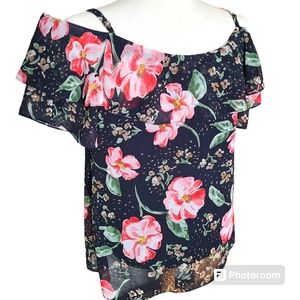 CABI Size Medium Navy Pink Floral Ruffled Off the Shoulder Blouse Coastal Chic
